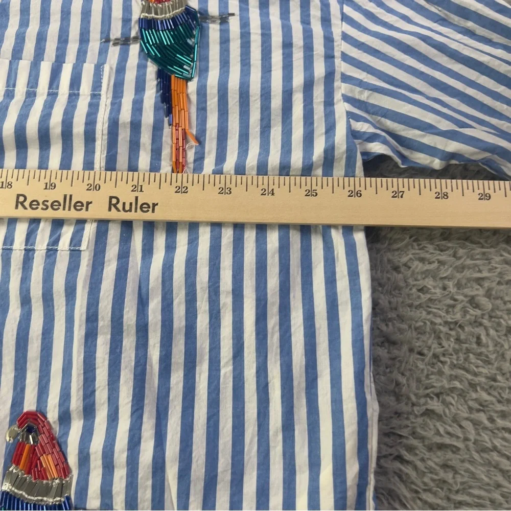 Maeve Parrot Button Down Shirt Womens XS / S Blue White Striped Sequin Oversized - Picture 8 of 9
